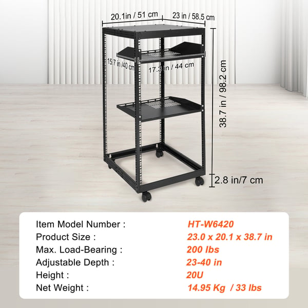 Server Rack, 20U Åben Ramme, 58,5x101,6 cm, Sort, Justerbar Dybde