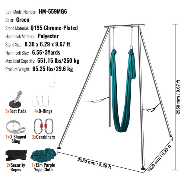 Aerial Yoga Ramme og Hængekøje, 253x192x295 cm, Grøn, Stål