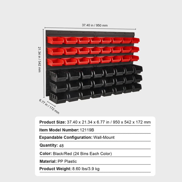 Opbevaringshylde med kasser, 48-kasse vægmonteret organizer, 95x54,2x17,2 cm, sort/rød, plast