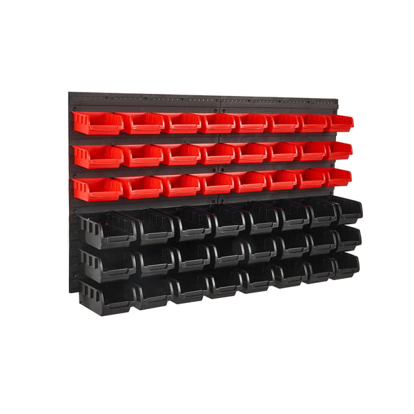 Opbevaringshylde med kasser, 48-kasse vægmonteret organizer, 95x54,2x17,2 cm, sort/rød, plast
