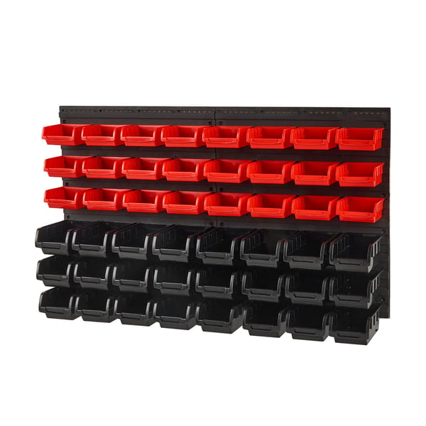Opbevaringshylde med kasser, 48-kasse vægmonteret organizer, 95x54,2x17,2 cm, sort/rød, plast