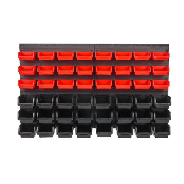 Opbevaringshylde med kasser, 48-kasse vægmonteret organizer, 95x54,2x17,2 cm, sort/rød, plast