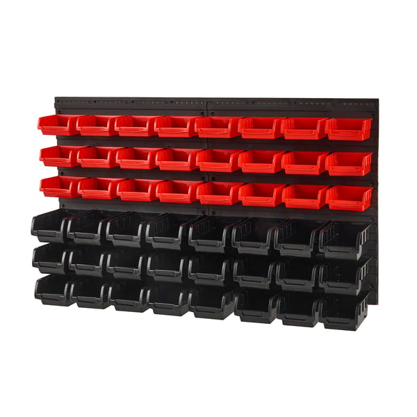 Opbevaringshylde med kasser, 48-kasse vægmonteret organizer, 95x54,2x17,2 cm, sort/rød, plast