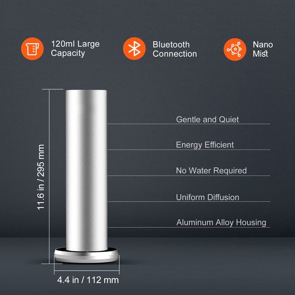 Duftmaskine, 120 ml Bluetooth koldluft diffuser, 11,2x11,2x29,5 cm, fritstående
