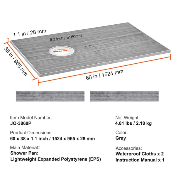Duschkar-kit, 152.4x96.5x2.8 cm, Offset-avlopp, Vattentät, EPS