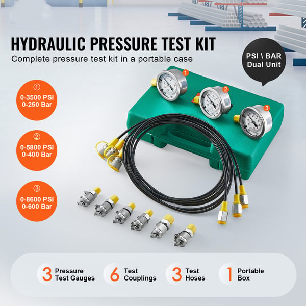 Hydrauliskt trycktestkit, 285x210x705 mm, 3 mätare, aluminiumstål