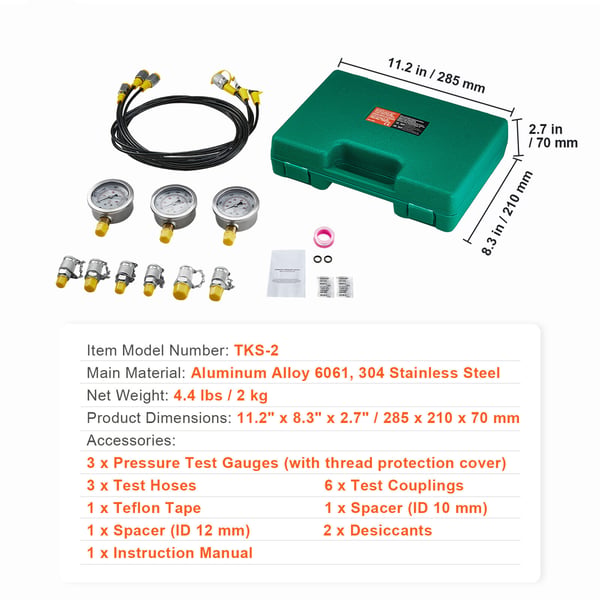 Hydrauliskt trycktestkit, 285x210x705 mm, 3 mätare, aluminiumstål