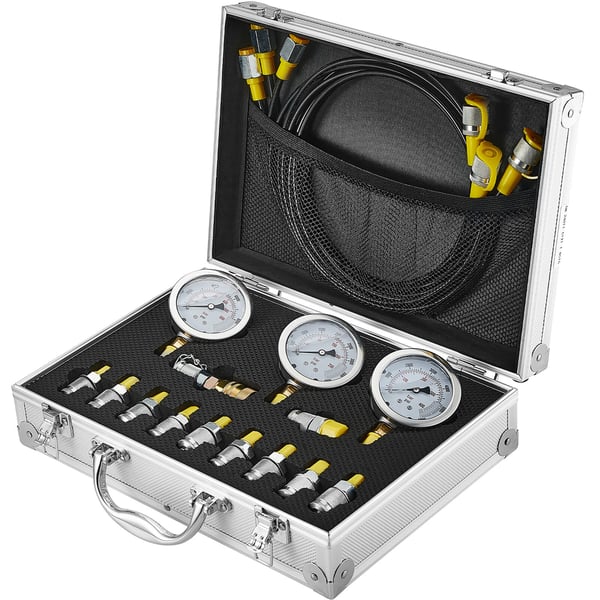 Hydraulisk trykprøvesæt, 3 manometre 11 koblinger 3 slanger, 1,6 m, bærbar kuffert, rustfrit stål