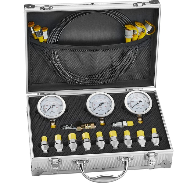 Hydraulisk trykprøvesæt, 3 manometre 11 koblinger 3 slanger, 1,6 m, bærbar kuffert, rustfrit stål