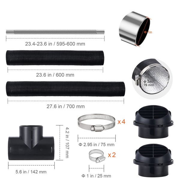Varmefordelingssæt, 76 mm udtrækkelig luftslange, 25 mm rustfri stål udstødningsrør, 600x76 mm, 600x25 mm, sort, rustfrit stål