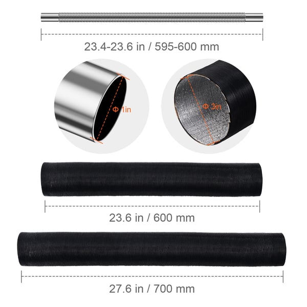 Varmefordelingssæt, 76 mm udtrækkelig luftslange, 25 mm rustfri stål udstødningsrør, 600x76 mm, 600x25 mm, sort, rustfrit stål