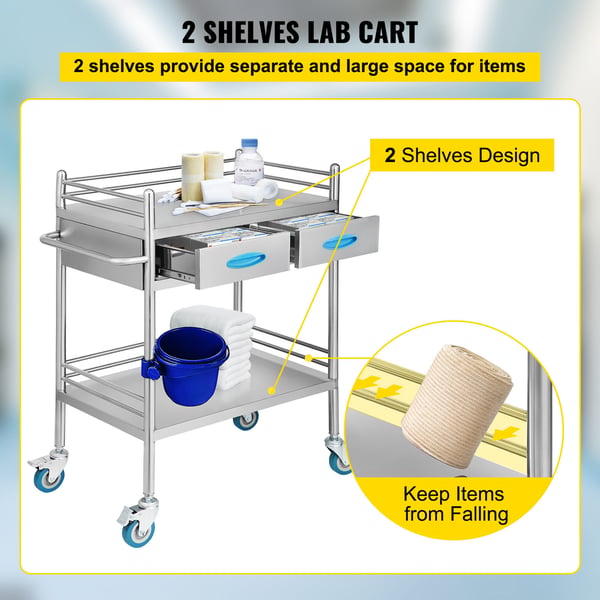 Serveringsvagn, 2-lagers rostfri serveringsvagn, 65,6x38,8x85,5 cm, Silver