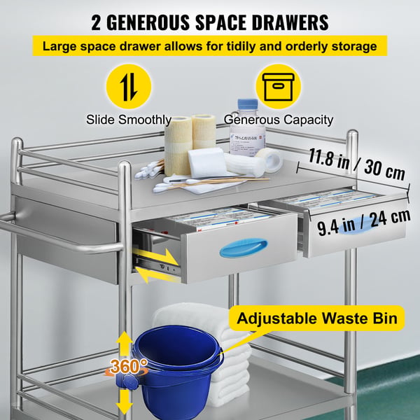 Serveringsvagn, 2-lagers rostfri serveringsvagn, 65,6x38,8x85,5 cm, Silver