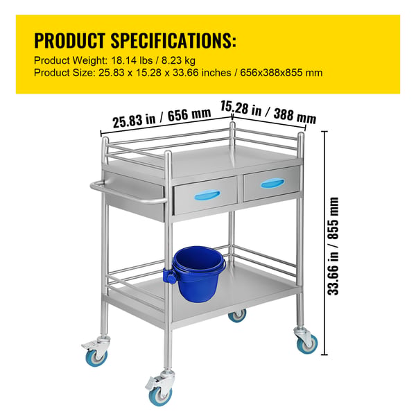 Serveringsvagn, 2-lagers rostfri serveringsvagn, 65,6x38,8x85,5 cm, Silver