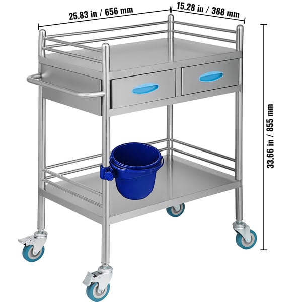 Serveringsvagn, 2-lagers rostfri serveringsvagn, 65,6x38,8x85,5 cm, Silver