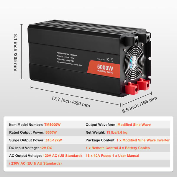 Invertteri, Muokattu siniaalto 5000W DC 12V AC 230V, Alumiini