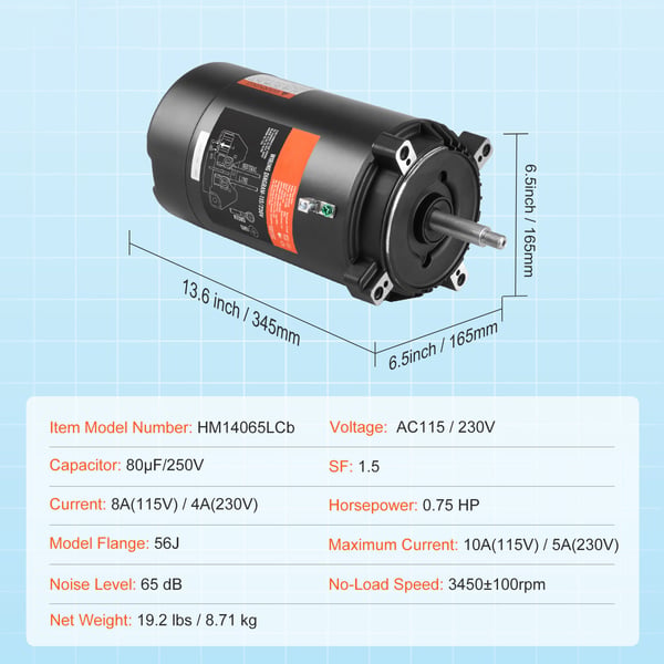 Poolpumpemotor, 0.75 HK 56J ramme, 34.5x16.5x16.5 cm, stål