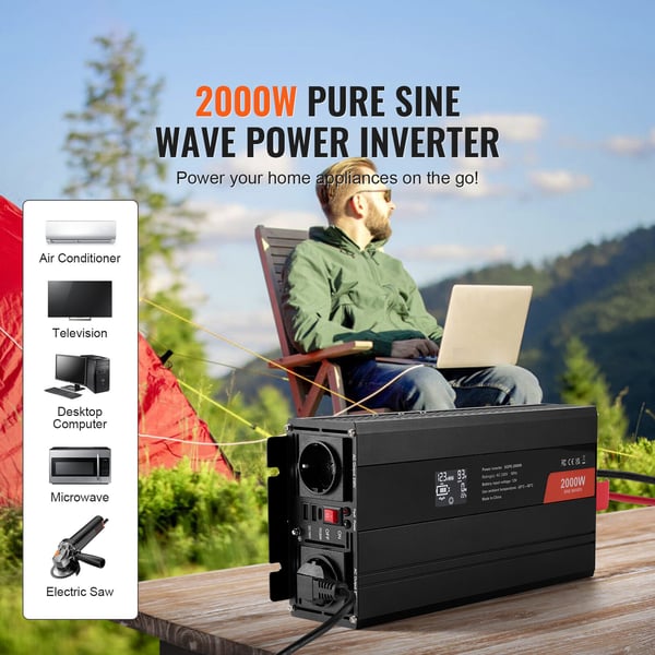 Ströminverter, Ren Sinusvåg 2000W, 30,5x14,4x7,2 cm, LCD-display