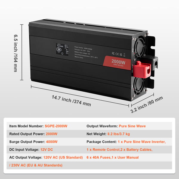 Ströminverter, Ren Sinusvåg 2000W, 30,5x14,4x7,2 cm, LCD-display