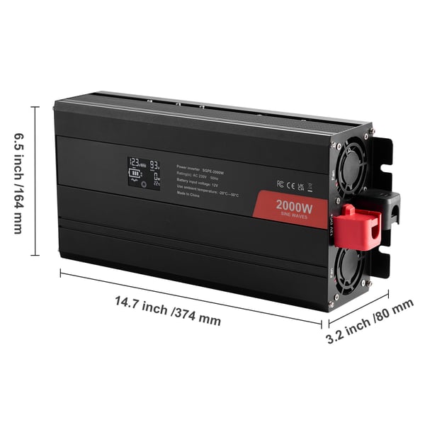 Ströminverter, Ren Sinusvåg 2000W, 30,5x14,4x7,2 cm, LCD-display