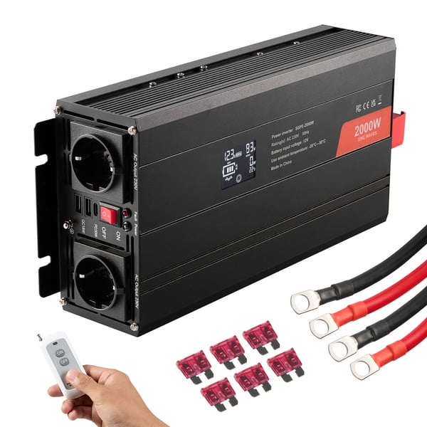 Ströminverter, Ren Sinusvåg 2000W, 30,5x14,4x7,2 cm, LCD-display