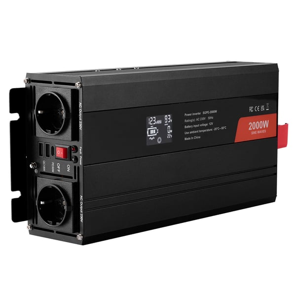 Ströminverter, Ren Sinusvåg 2000W, 30,5x14,4x7,2 cm, LCD-display