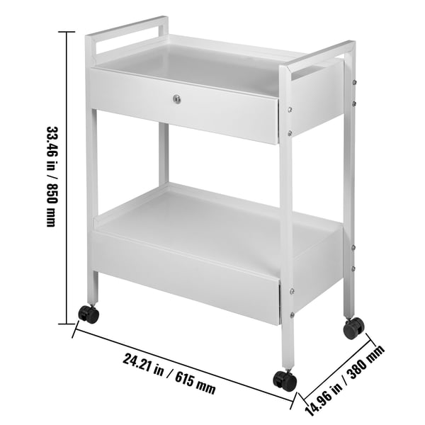 Labvogn, 2 niveauer rustfrit stål rullevogn, 61,5x38x85 cm, hvid, opbevaring