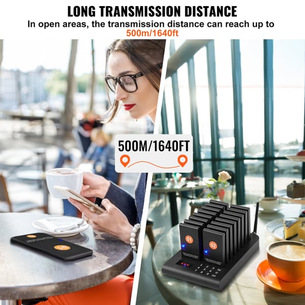 Pager System, Trådløst gæstekald 500m, 16 buzzere, 236x152x28 mm, Sort