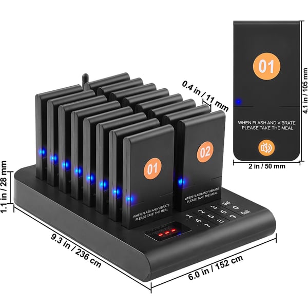 Pager System, Trådløst gæstekald 500m, 16 buzzere, 236x152x28 mm, Sort