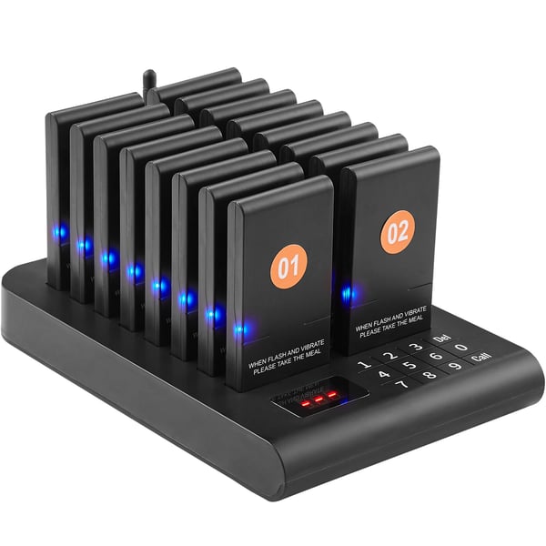 Pager System, Trådløst gæstekald 500m, 16 buzzere, 236x152x28 mm, Sort