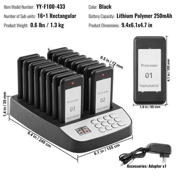 Pager System, Trådløst Restaurant Gæsteopkald, 240x155x120 mm, Sort