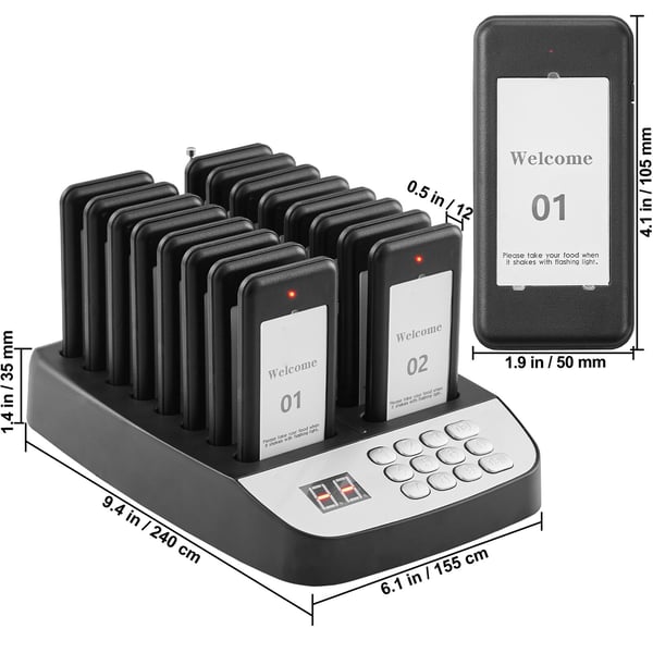 Pager System, Trådløst Restaurant Gæsteopkald, 240x155x120 mm, Sort