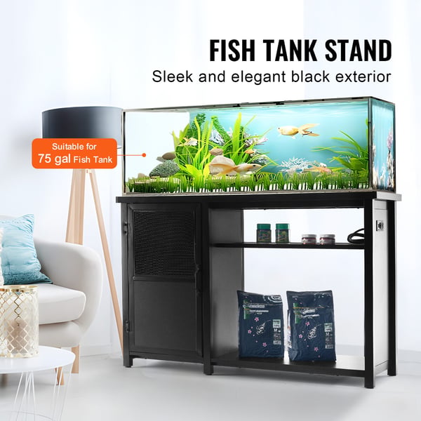Akvariebord, 132x50x82 cm, Sort, Stål og MDF opbevaring