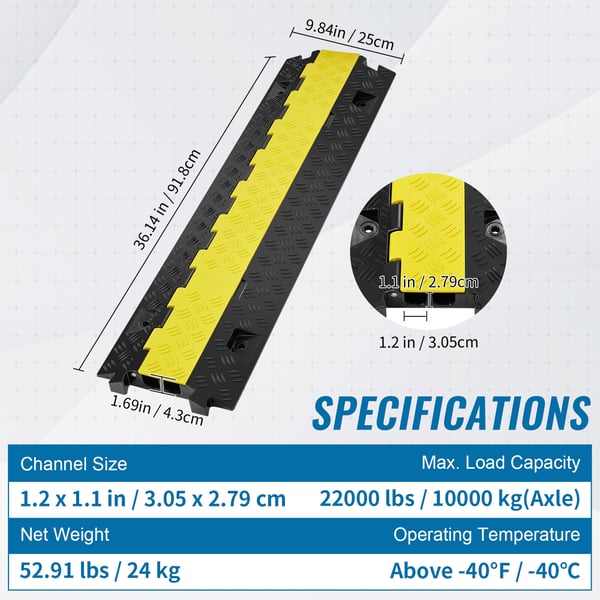 Kabelbeskytter rampe, 2 kanaler, 91,8x25x4,3 cm, sort gul, kraftig TPU