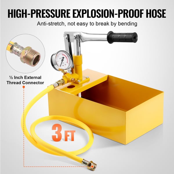 Hydrostatisk testpumpe, 1 m slange, 5 L tank, 25 bar, manuel, trykprøvetester