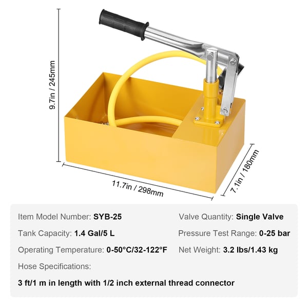 Hydrostatisk testpumpe, 1 m slange, 5 L tank, 25 bar, manuel, trykprøvetester