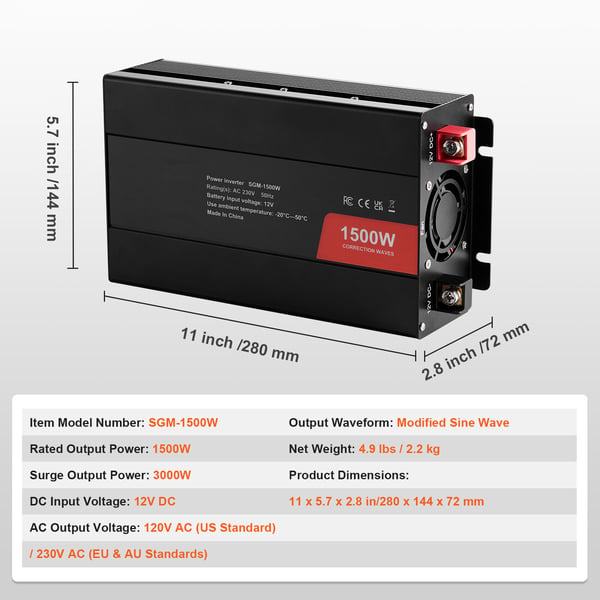 Power-invertteri, 1500W modifioitu siniaalto, 28x14,4x7,2 cm, alumiini