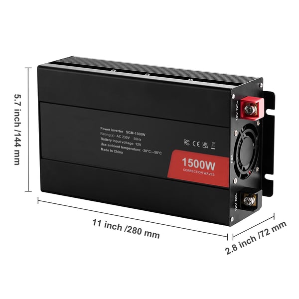 Power-invertteri, 1500W modifioitu siniaalto, 28x14,4x7,2 cm, alumiini