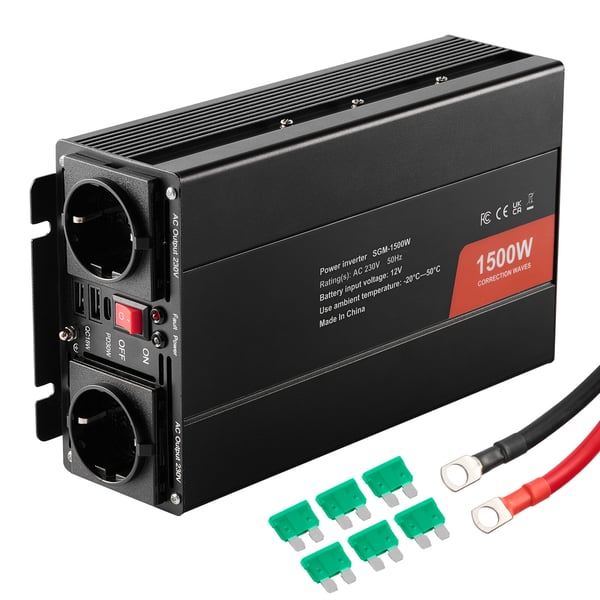 Power-invertteri, 1500W modifioitu siniaalto, 28x14,4x7,2 cm, alumiini