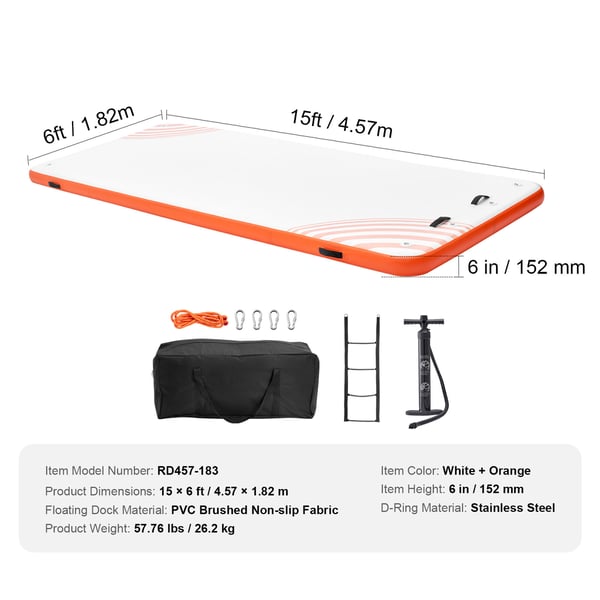 Ilmatäytteinen kelluva laituri 457x182 cm valkoinen oranssi, liukumaton PVC