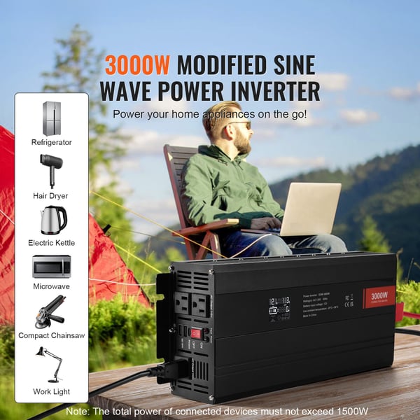 Ströminverter, 3000W Modifierad Sinusvåg, 41.5x16.4x8 cm, LCD-display