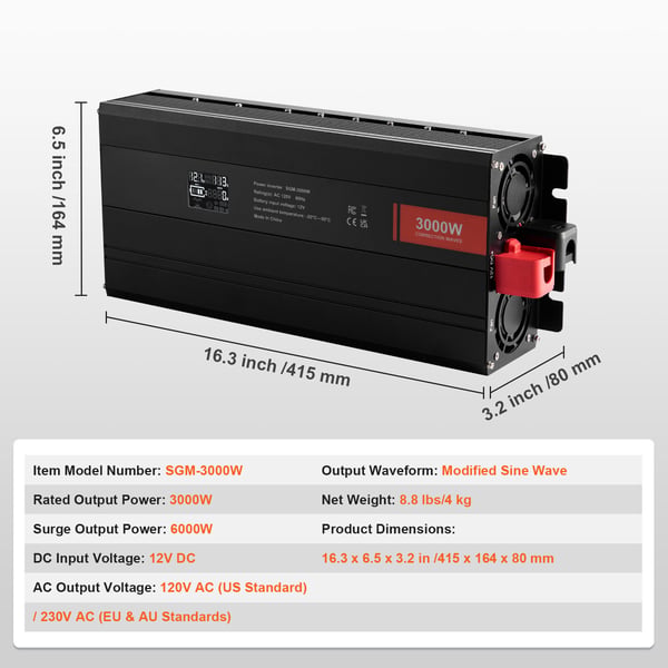 Ströminverter, 3000W Modifierad Sinusvåg, 41.5x16.4x8 cm, LCD-display