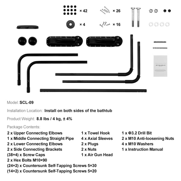 Spabad Locklyft, Justerbar Höjd 80-105 cm Bredd 175-255 cm, Svart, Aluminium