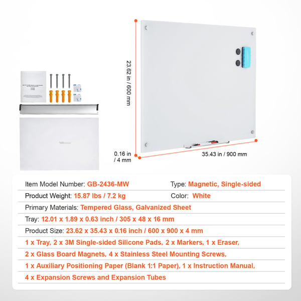 Magnetisk glas whiteboard 90x60x0,4 cm hvid, hærdet glas