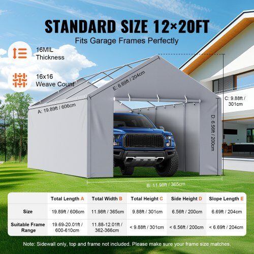 Carport udskiftningssidevæg, 610x364x95 cm, grå, vandtæt