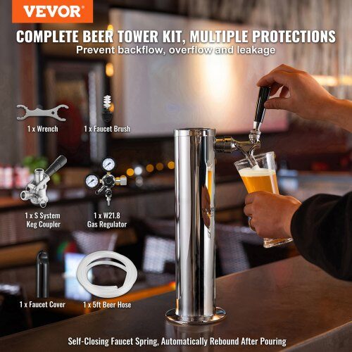 Kegerator-tornkit, enkelkran öl-torn-dispenser, 17.5x11.5x43.5 cm, rostfritt stål