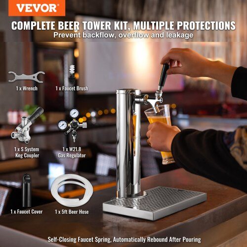 Kegerator tårnsæt, enkelt hane øldispenser, 17.5x11.5x43.5 cm, rustfrit stål