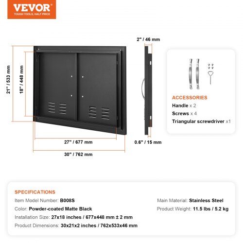 BBQ adgangsdør 76.2x53.3x4.6 cm sort, koldplade, udendørs køkken