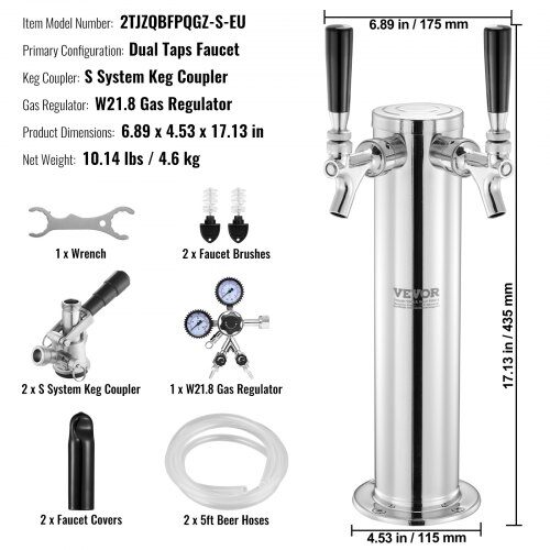Kegerator-tornkit, Dubbelkran öl-dispenser, 17.5x11.5x43.5 cm, Rostfritt stål