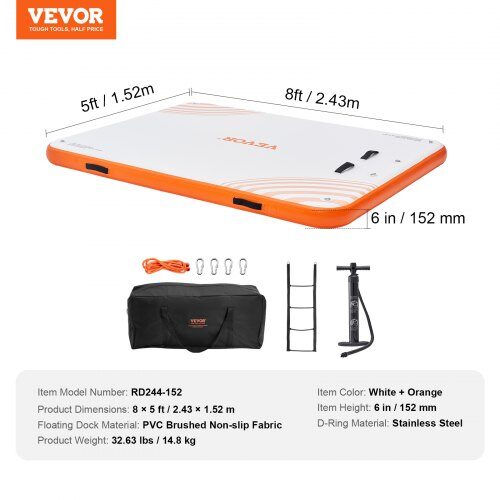 Uppblåsbar flytande brygga 243x152 cm vit orange, halkfri PVC